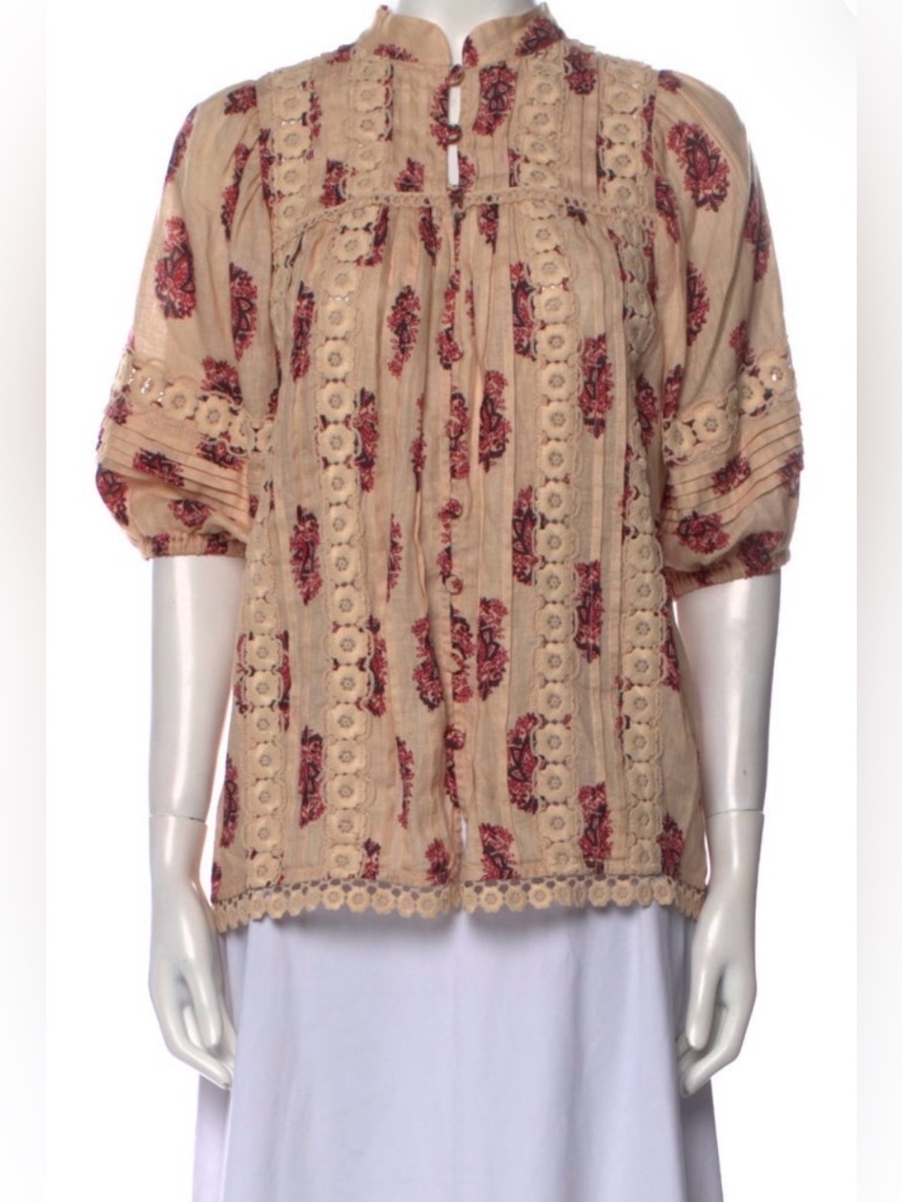 Zimmermann 100% Linen Printed Mock Neck Lace Trim Blouse Top Neutral Size 1